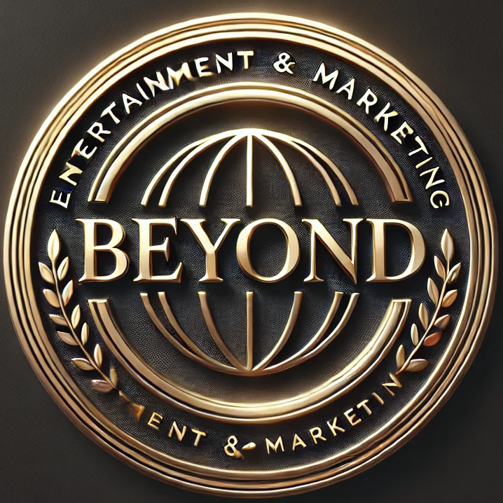 3D gold logo with Beyond Entertainment & Marketing encircling a globe on a dark textured background.