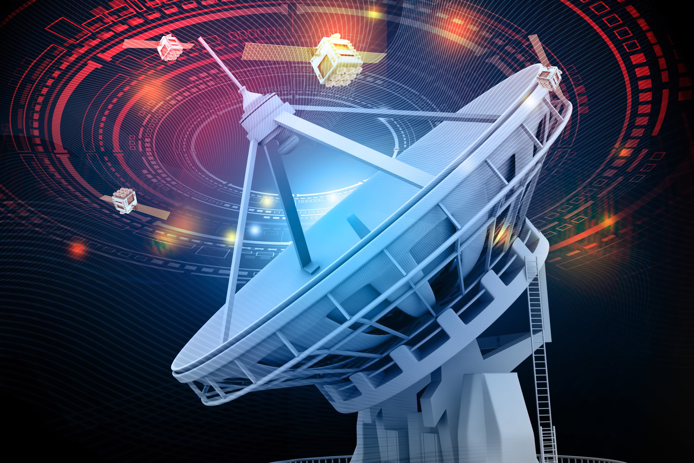 Satellite dish antenna, telecommunication technology background. 3d illustration