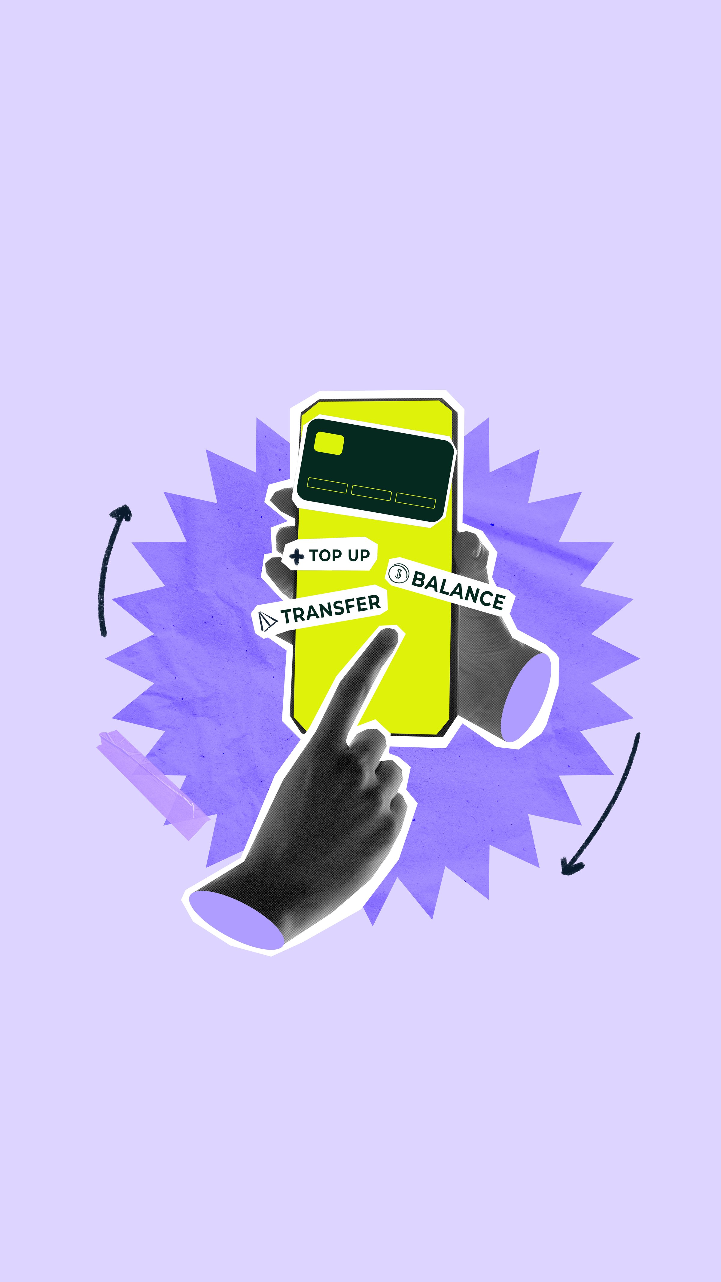 Collage in paper cutout style showing mobile screen with top-up, transfer, and balance options. Concept of digital wallet, online banking, personal finance, fintech UX