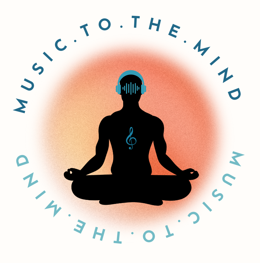 Silhouette of person meditating with headphones, musical note on chest, and text "MUSIC TO THE MIND" in a circular design.