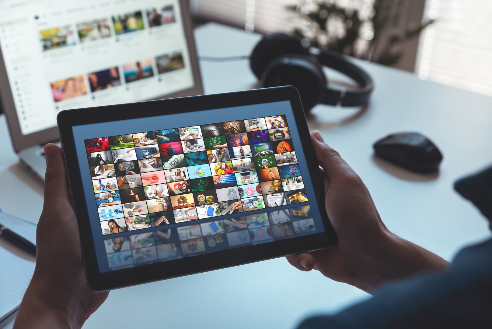Man watching media on digital tablet. TV multimedia streaming concept