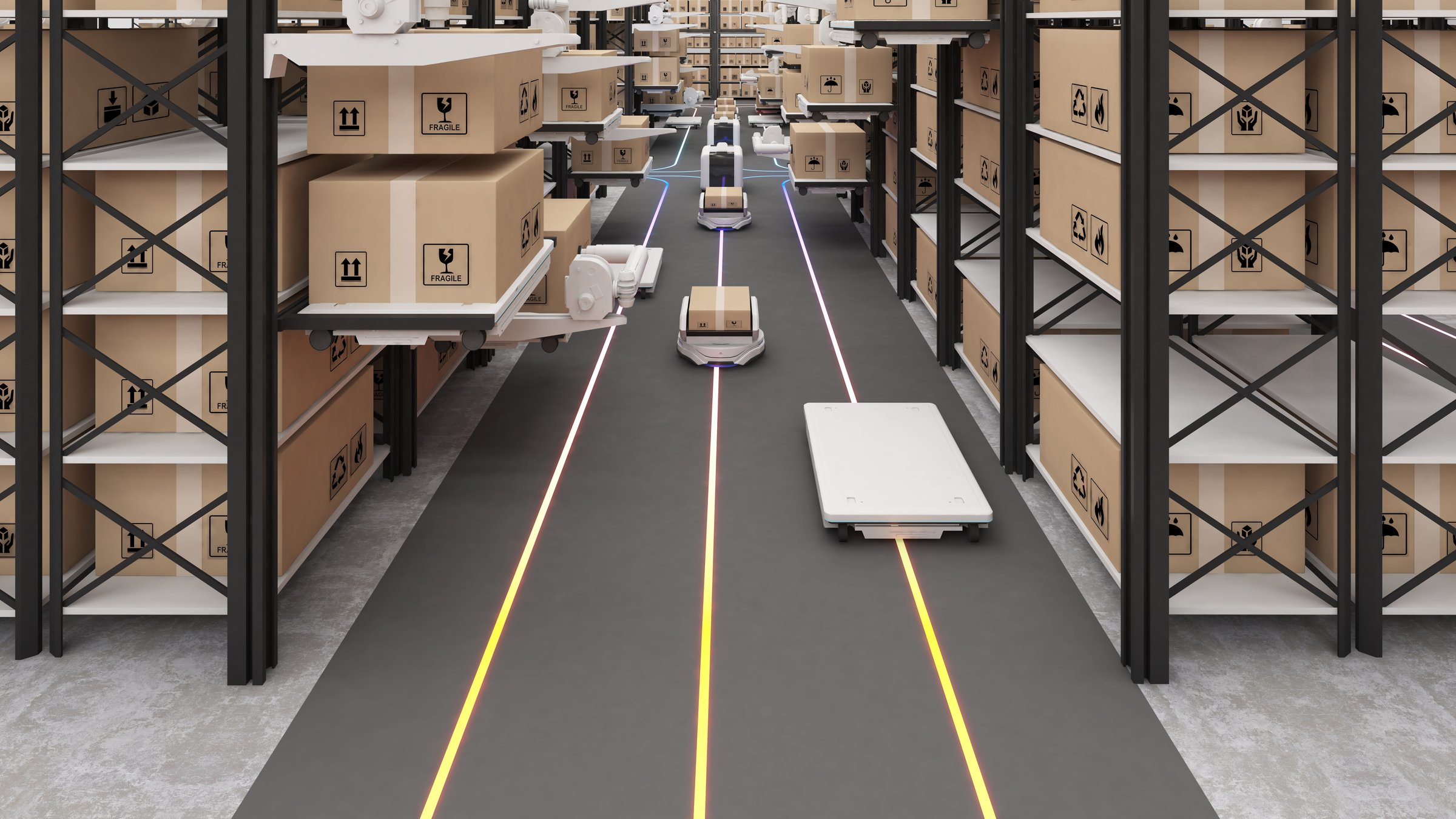 Robot transportation and cargo handling,automation in product management,Warehousing and Technology Connections,3d rendering