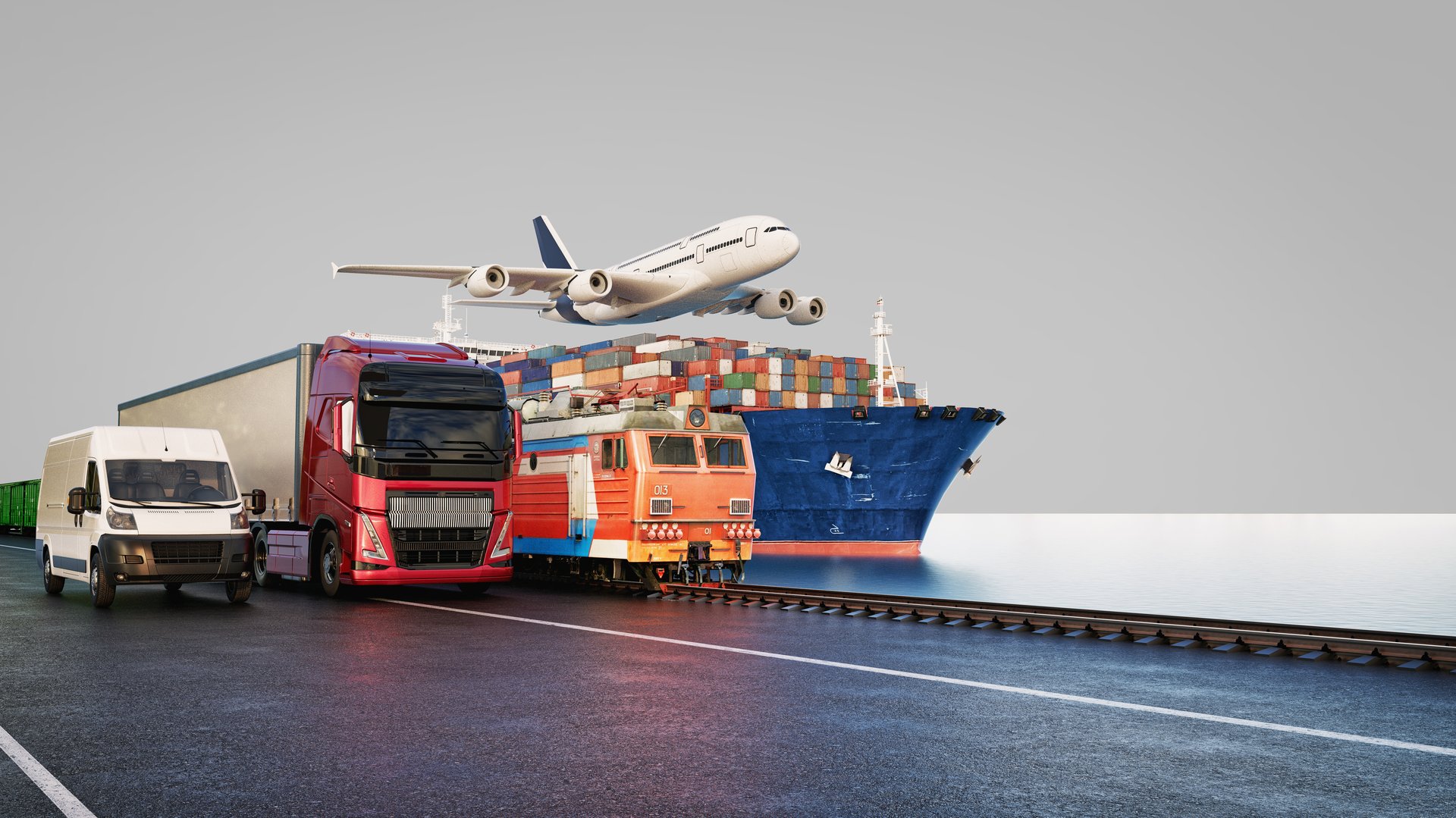 A dynamic scene showcasing intermodal transportation, featuring cargo containers, trucks, trains, a container ship, and an airplane in a logistics hub at sunset.3d, rendering, illustration,