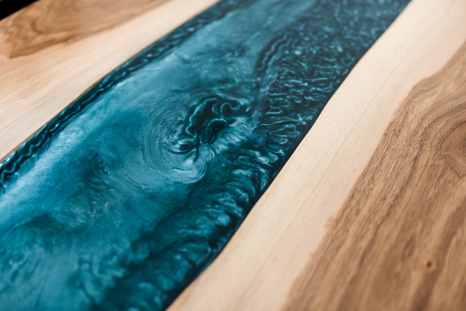 combination of natural wood and epoxy resin blue