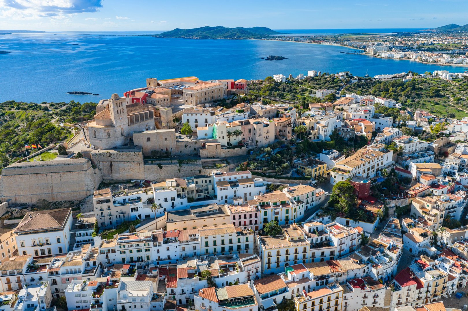 Aerial View of Dalt Vila (Eivissa Old Town) and the Busy Boat and Ferry Marina in Ibiza, Balearic Islands