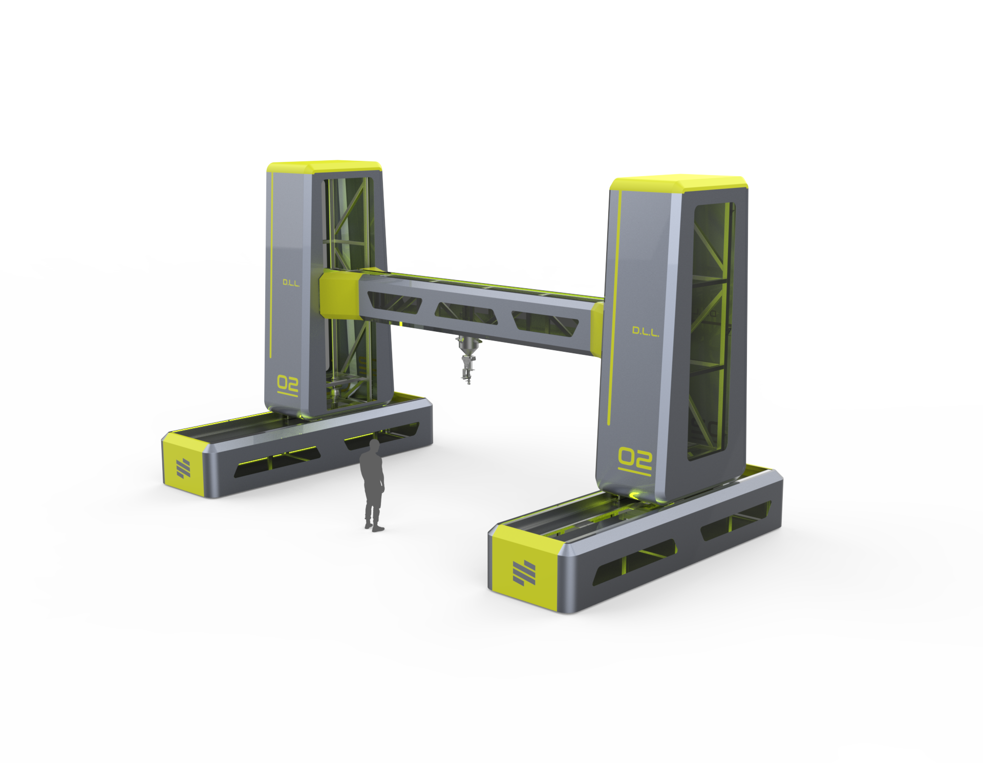 Futuristic industrial machine with two tall vertical columns, a horizontal beam, and a human figure for scale.
