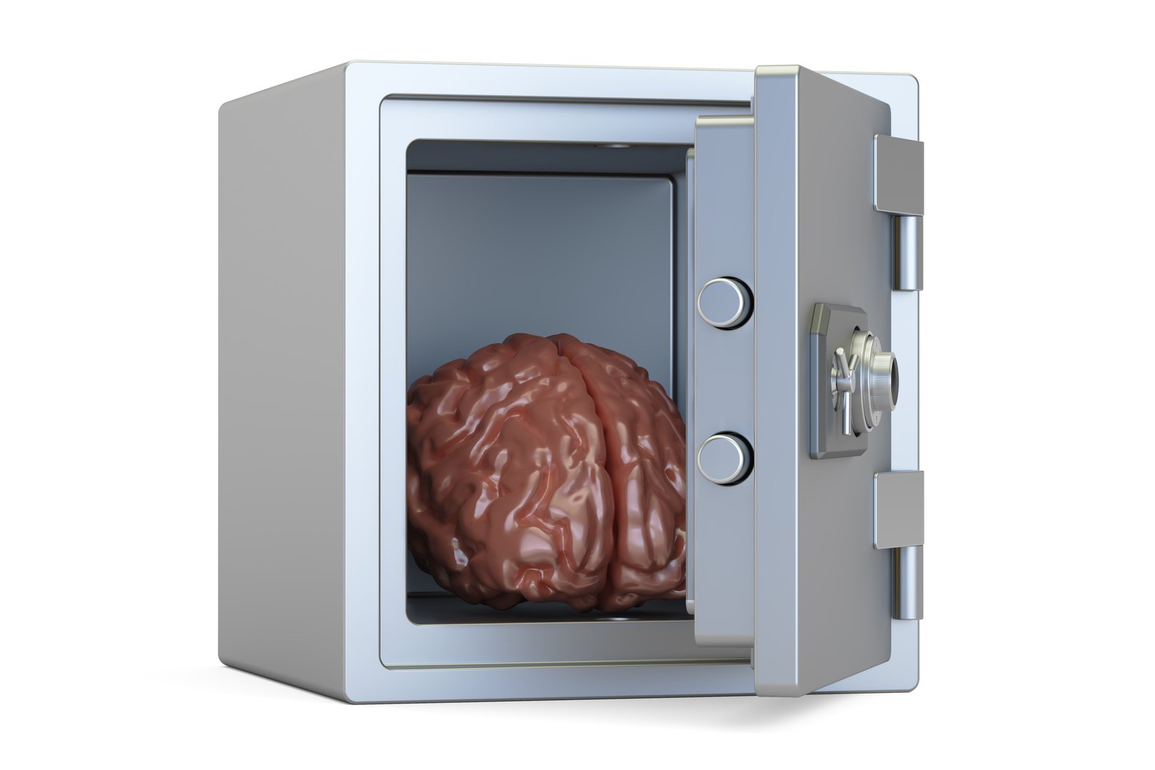 Brain protected in the safe, 3D rendering isolated on white background