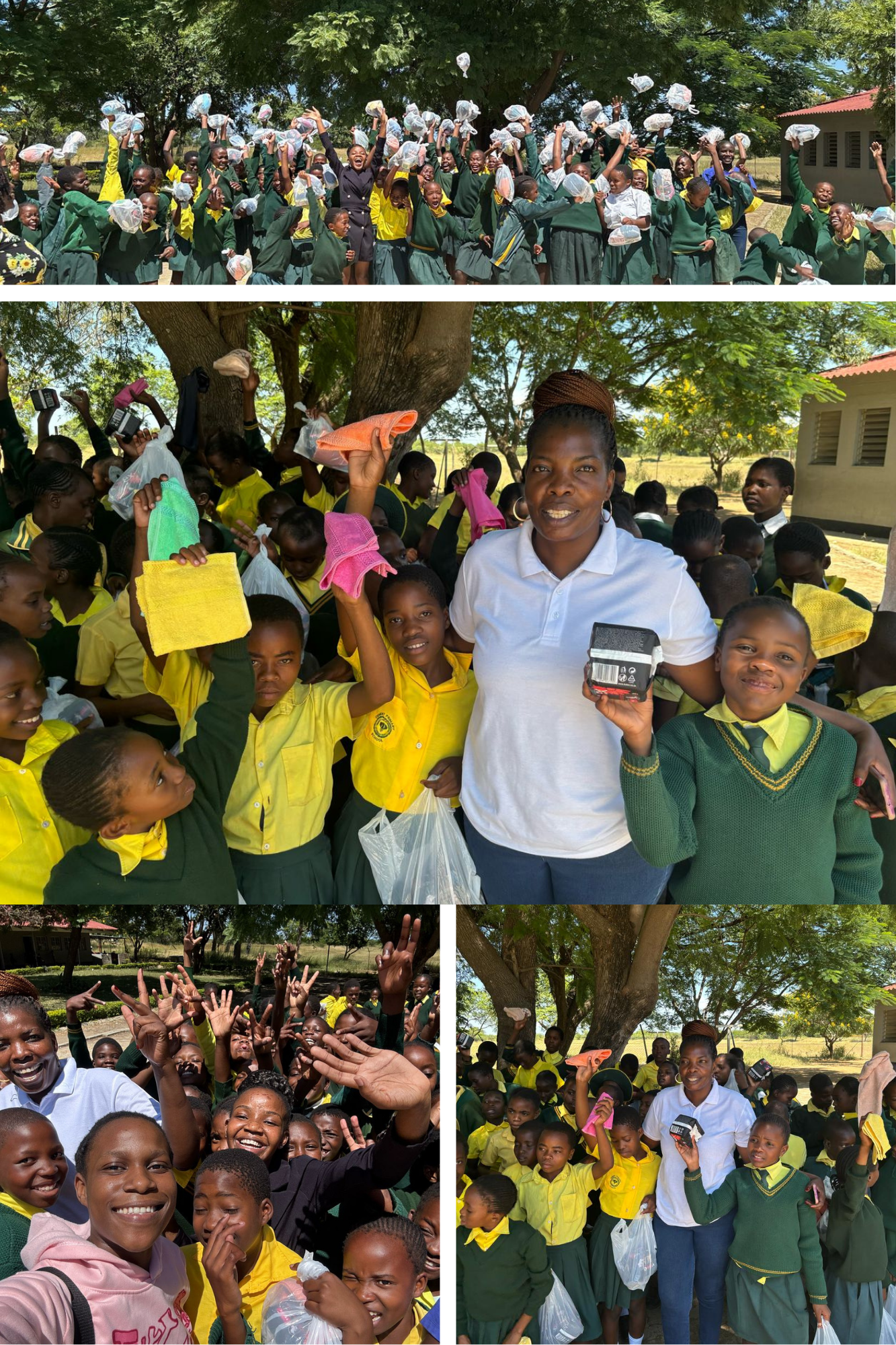 A group of school children in uniform celebrate with a woman, holding hygiene products and cheering energetically outdoors.