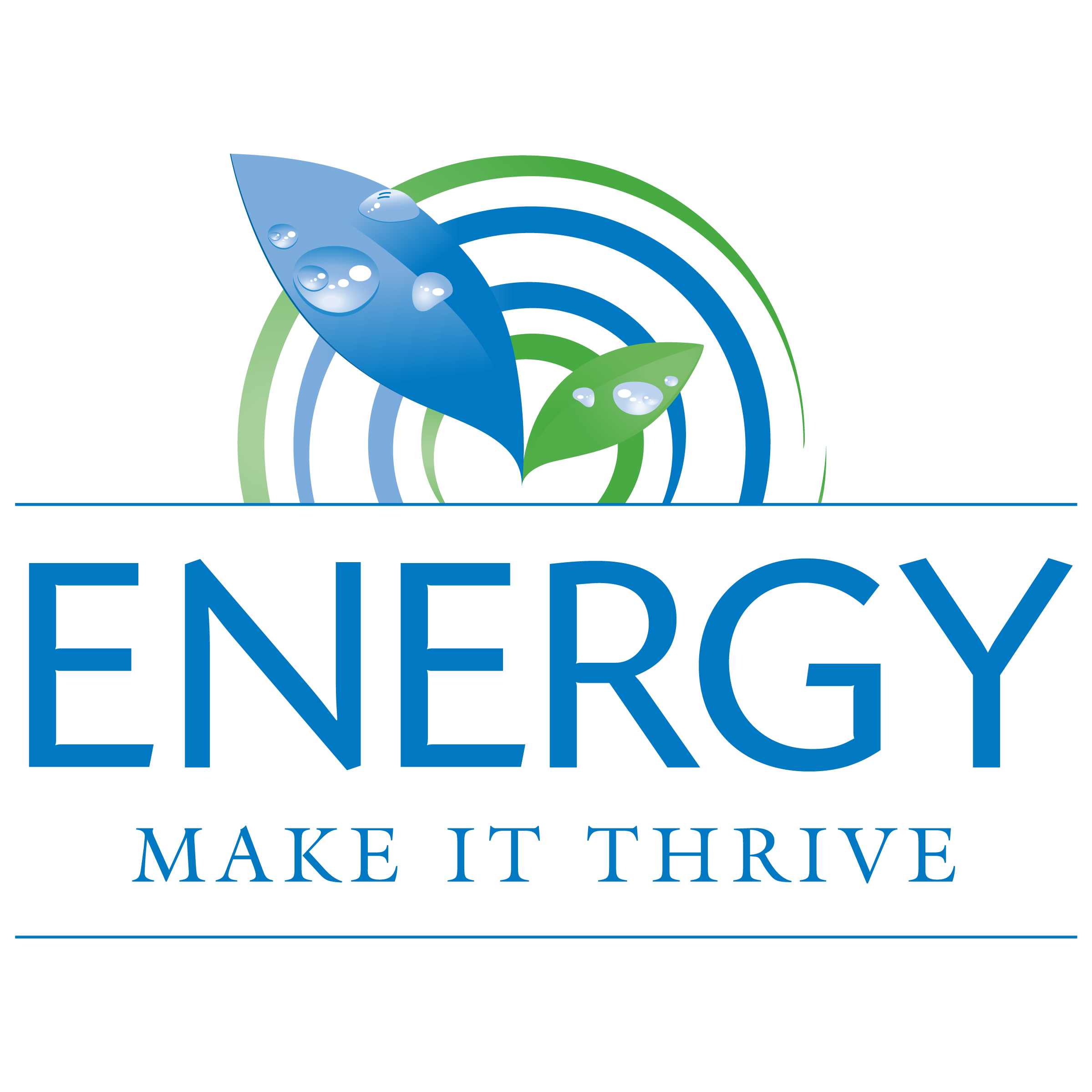 Logo with the word Energy and the phrase Make It Thrive, featuring blue and green leaves and circular elements.