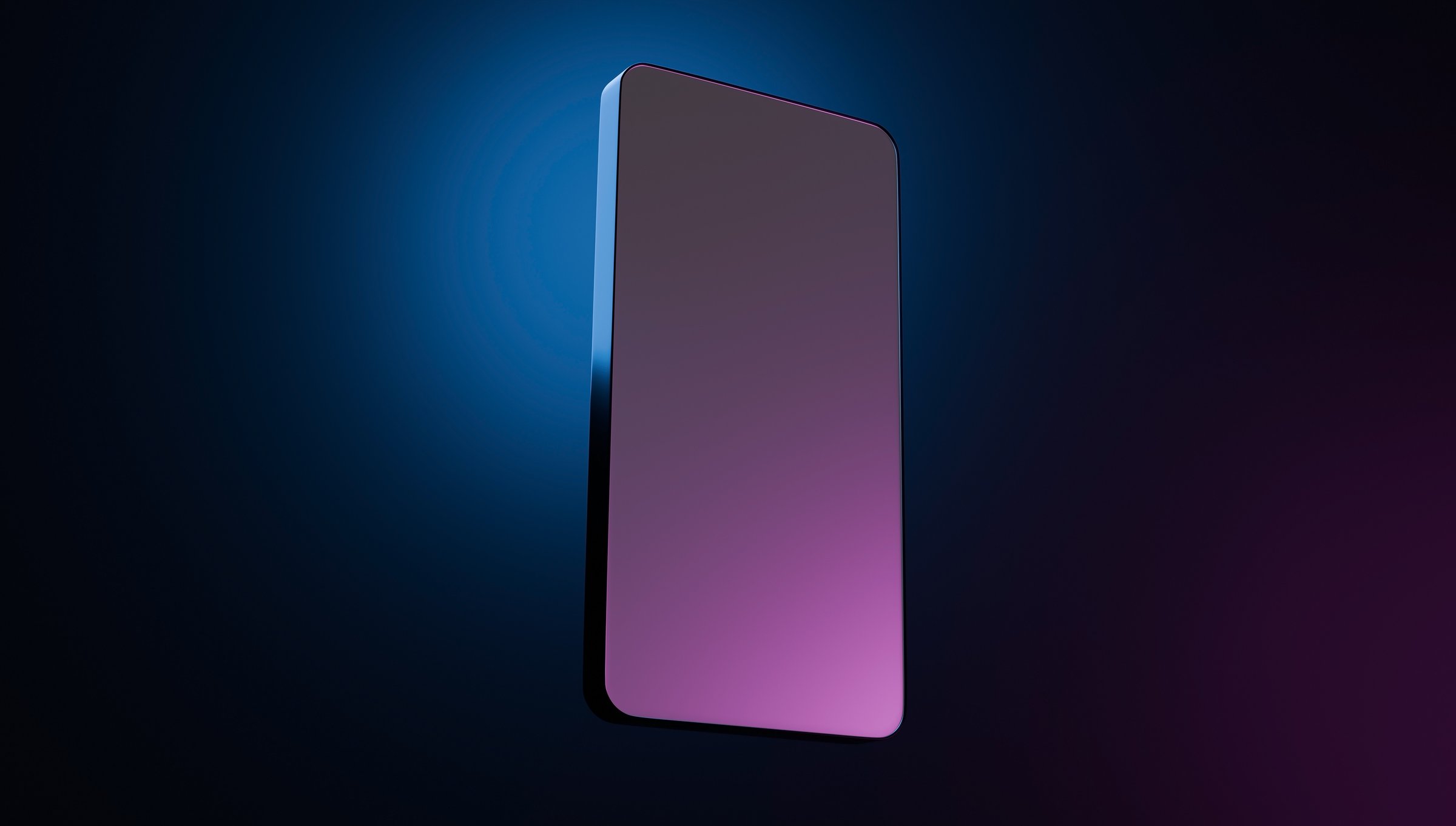 3D model of a mobile phone on a dark background with blue and purple light, phone