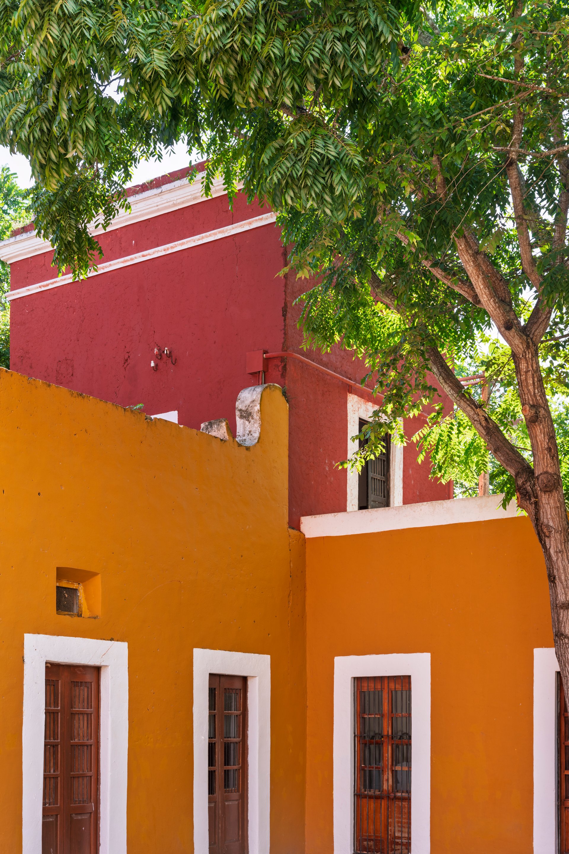 Colorful hacienda facades in Yucatan sunlight