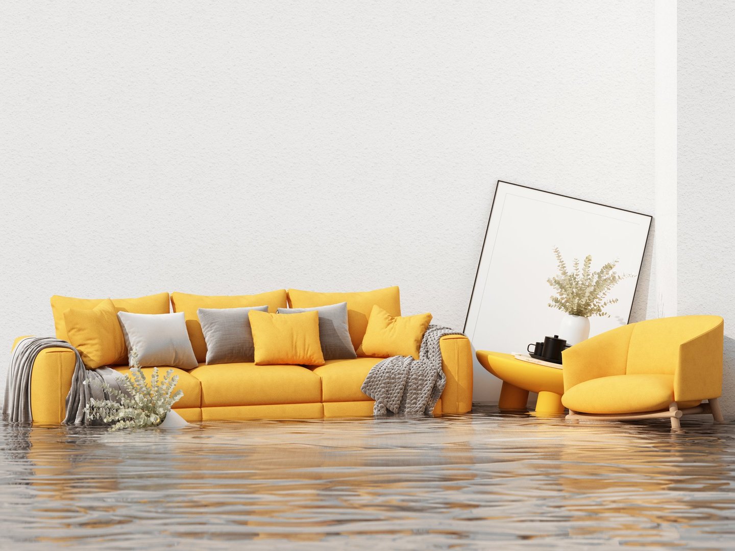 Modern yellow living room furniture partially submerged in floodwater, illustrating environmental impact and interior damage. Ideal for climate change and insurance themes. 3d rendering.