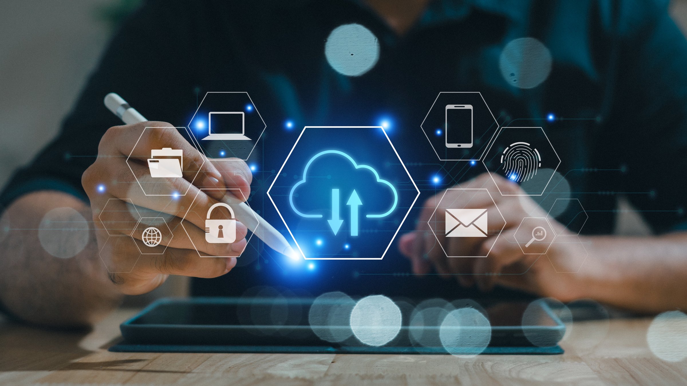 Businessman touching cloud computing network