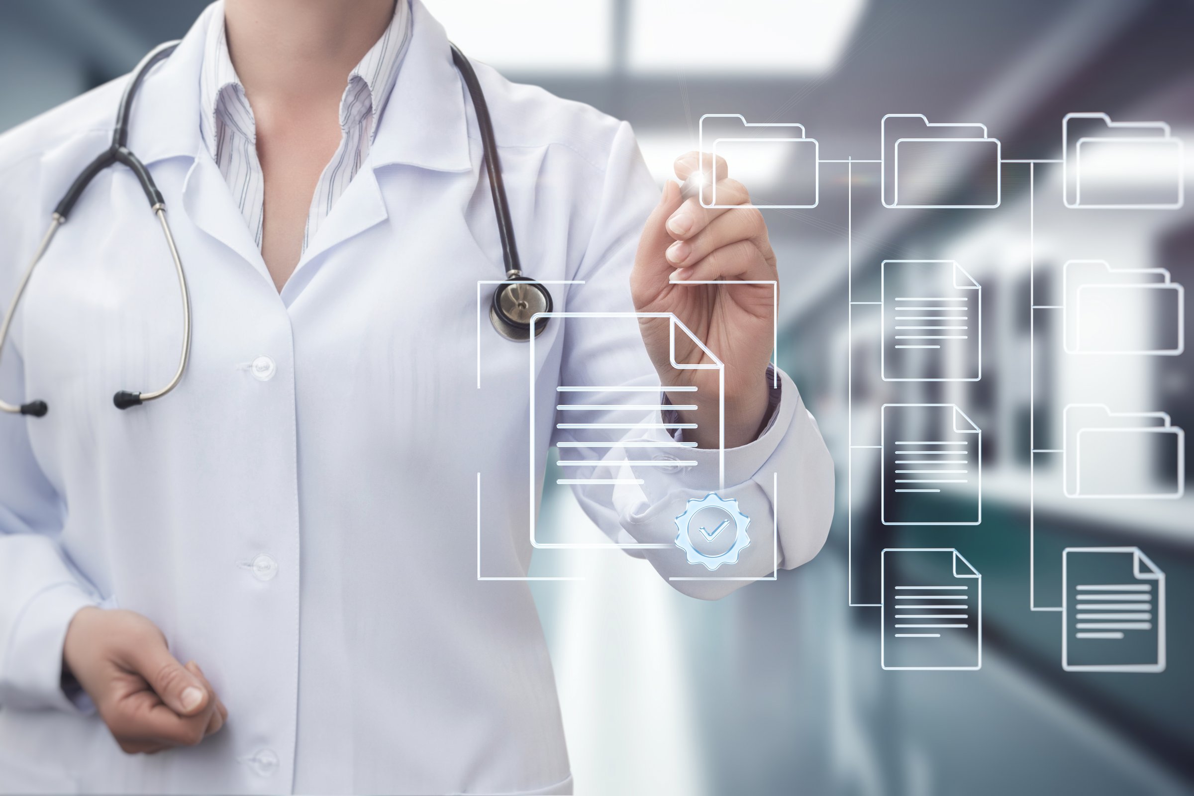 Medical professional engages with a digital interface displaying electronic medical certificates. This modern approach enhances patient record management and improves healthcare efficiency.