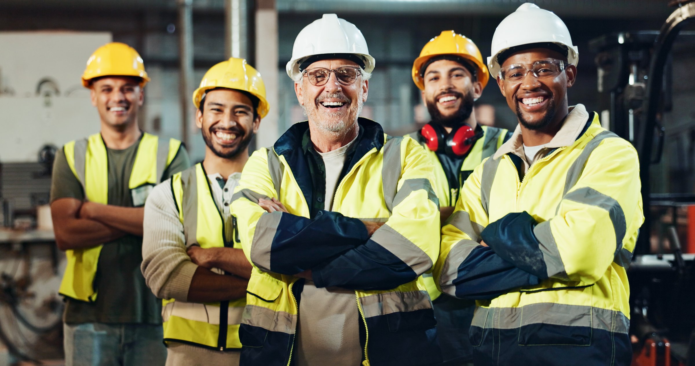 Portrait, group and construction worker with arms crossed, smile and men with helmet, safety and team. Business, employees and happy for collaboration in building, proud or people with project