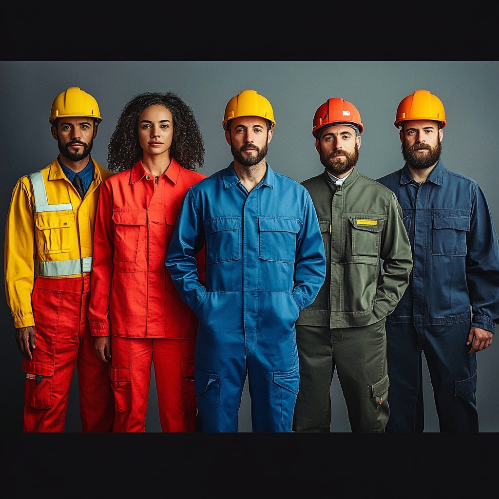 Five people in diverse colored work uniforms and hard hats stand against a gray background.