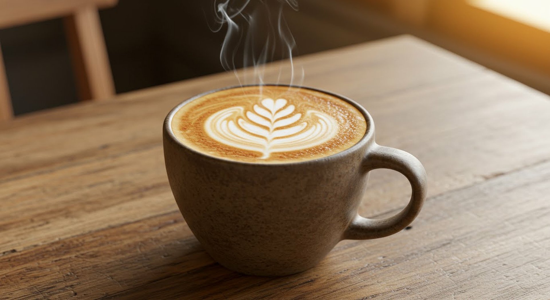 Warm cappuccino with creamy foam art in cozy rustic setting.