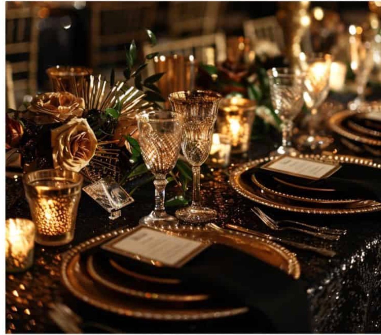 Elegant Gatsby-themed gold and black event setup