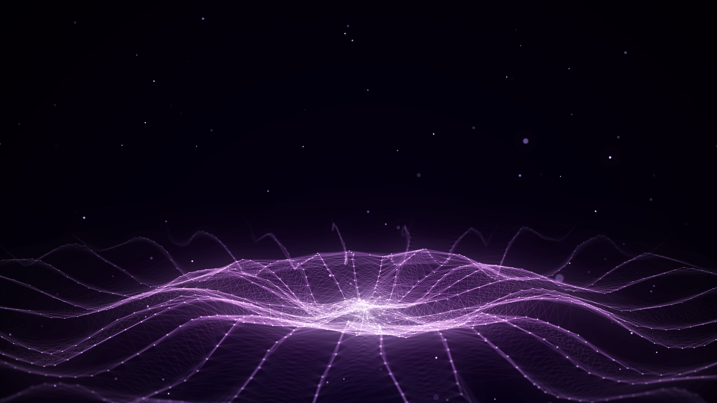 3D futuristic circle wave. Abstract digital background. Glowing music sound wave with dots and lines. Technology backdrop with moving purple particles. Graphic effect network connection. 3D rendering.