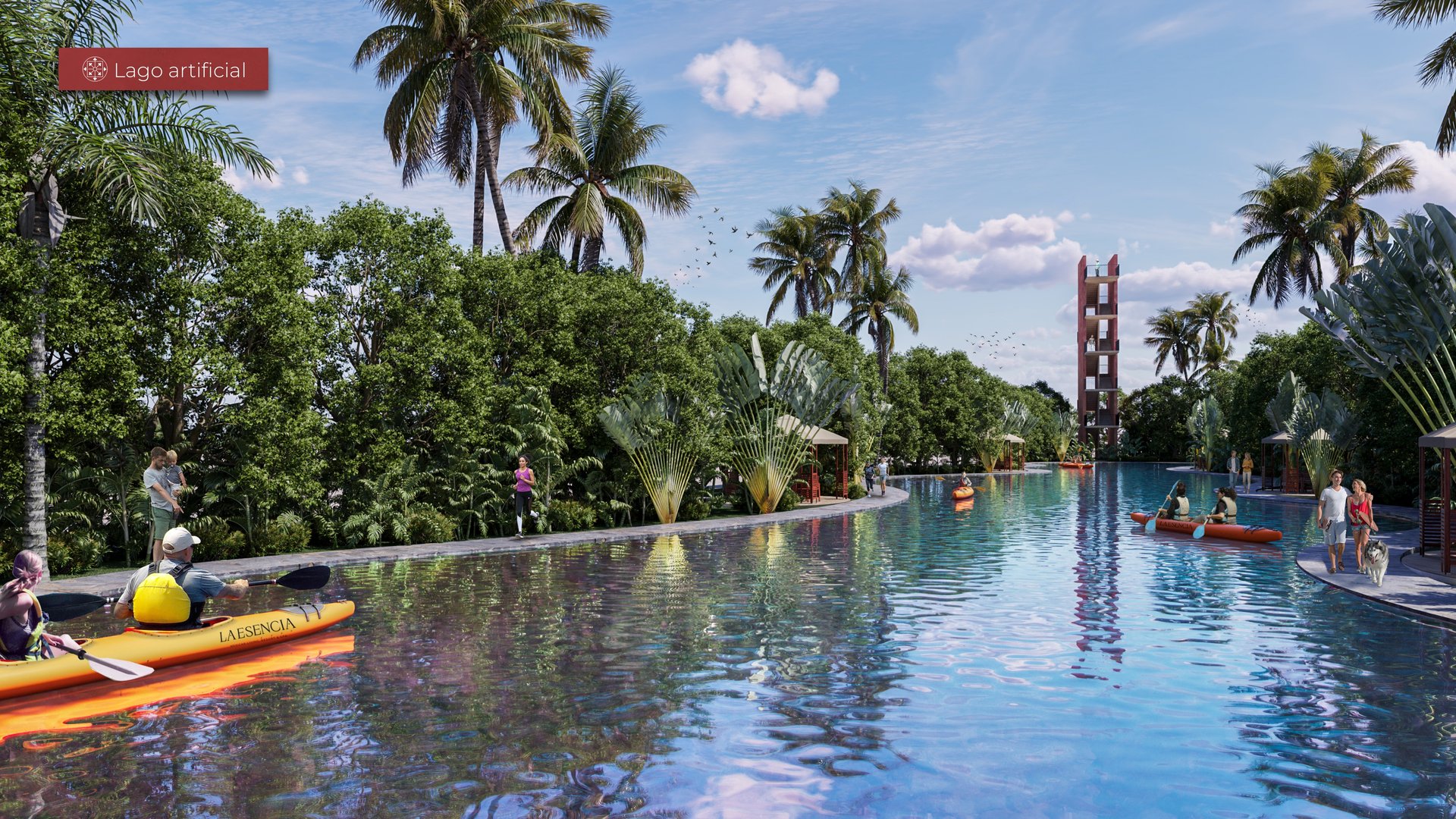 People kayaking on an artificial lake surrounded by lush greenery and palm trees under a blue sky.