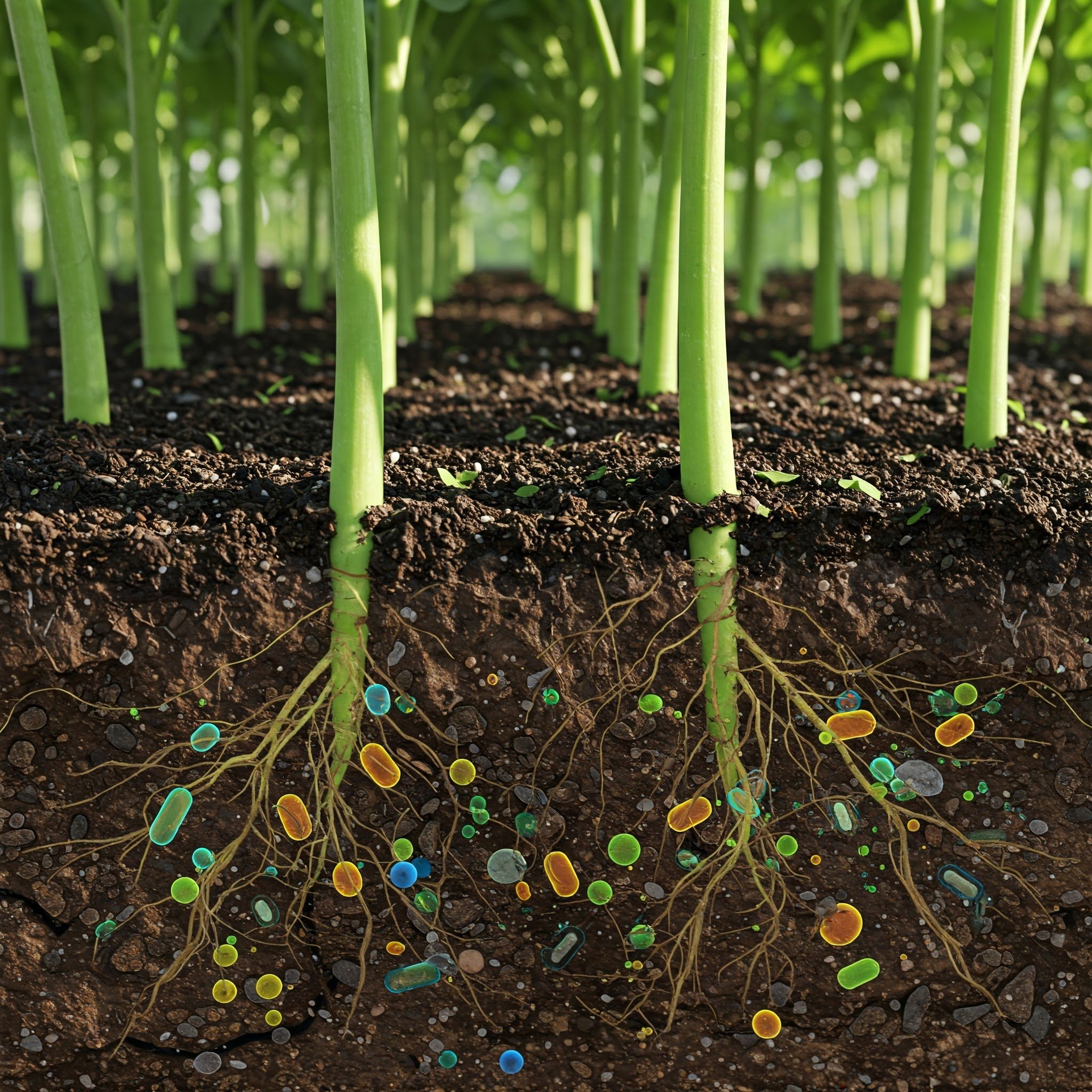 Cross-section of plants showing roots interacting with colorful soil microbes, highlighting soil health and plant growth.
