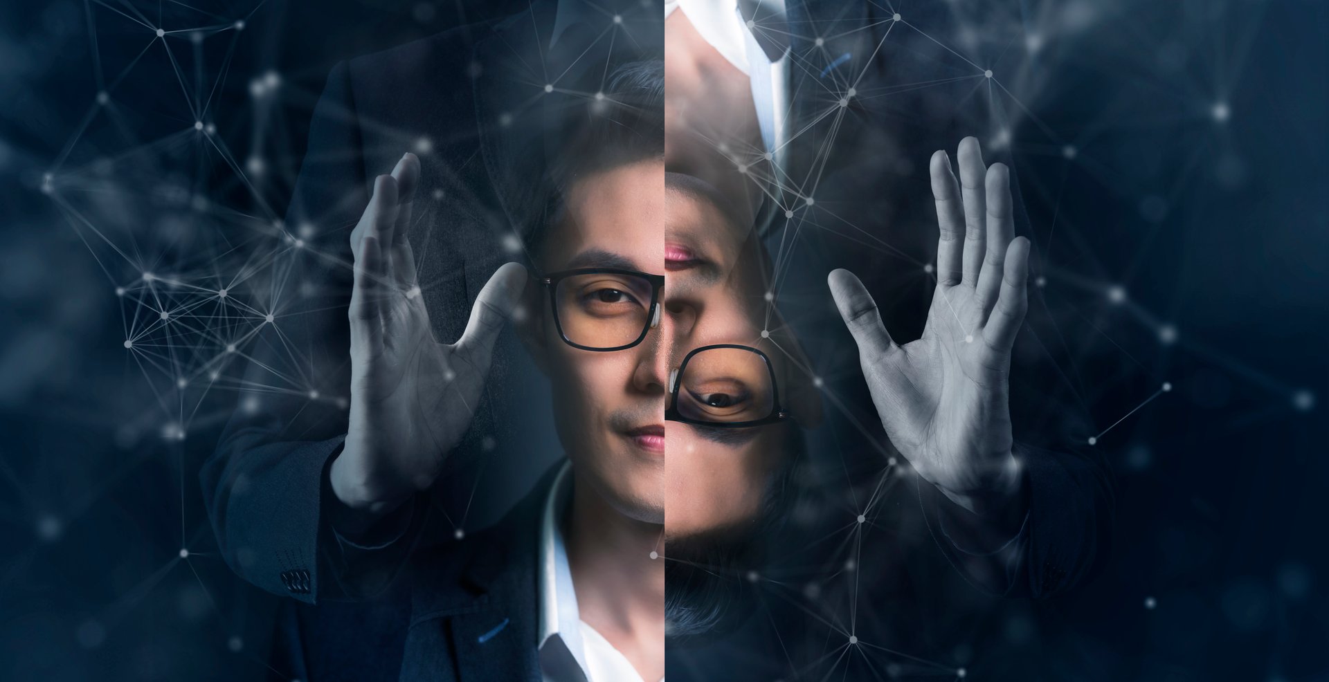 Business man and mirror reflection illusion, business finance investment risk concept.