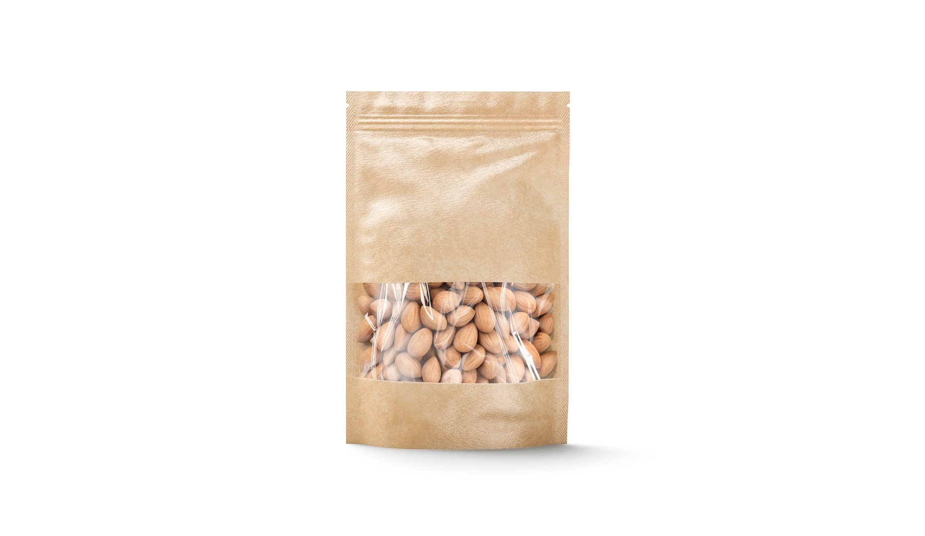 Blank craft zipper pouch with nuts stand mock up isolated, front view, 3d rendering