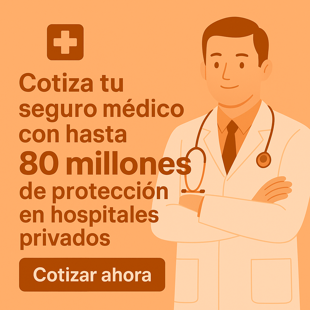 Illustration of a doctor with text promoting medical insurance coverage up to 80 million in private hospitals. Button says Cotizar ahora.