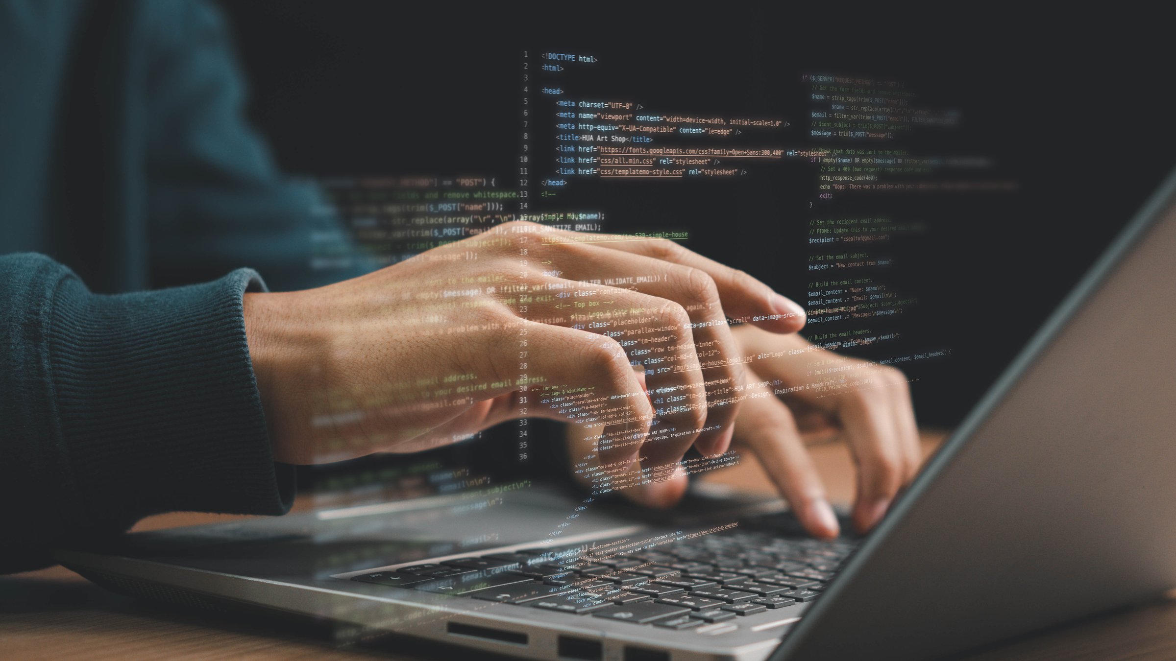 Software development concept. Hands typing on laptop with programming code on screen, representing software development. Perfect for coding, IT solutions, digital technology, web applications.