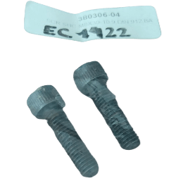 Two metallic bolts with a white label showing numbers, including EC 1422, placed above them.