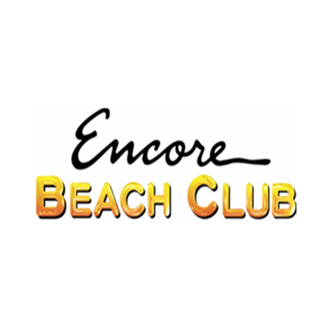 Encore Beach Club logo with Encore in cursive and Beach Club in bold yellow-orange gradient letters on a white background.