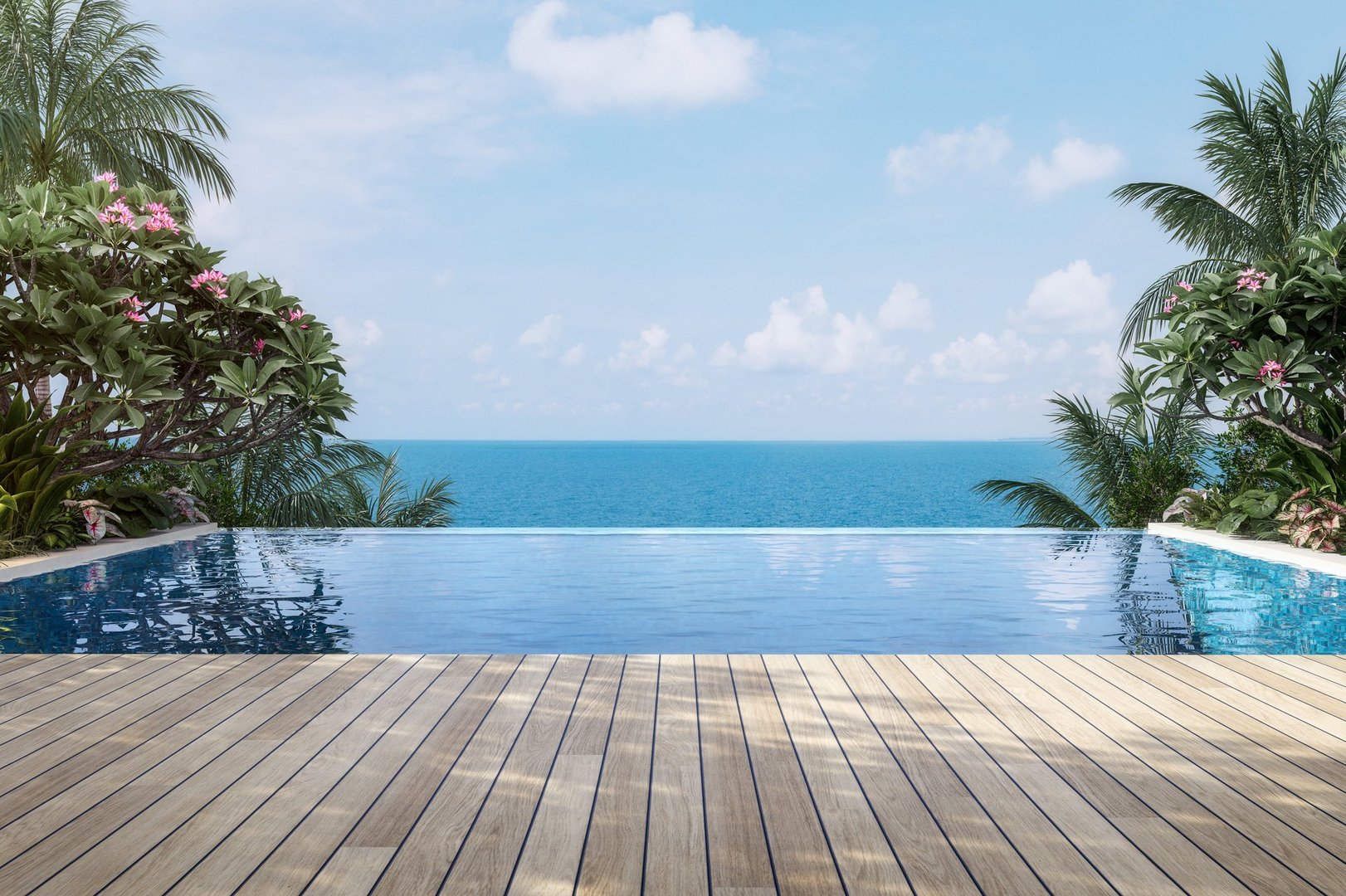 Modern contemporary style resort swimming pool terrace with sea view 3d render ,There has wooden floors surrounded by tropical style garden