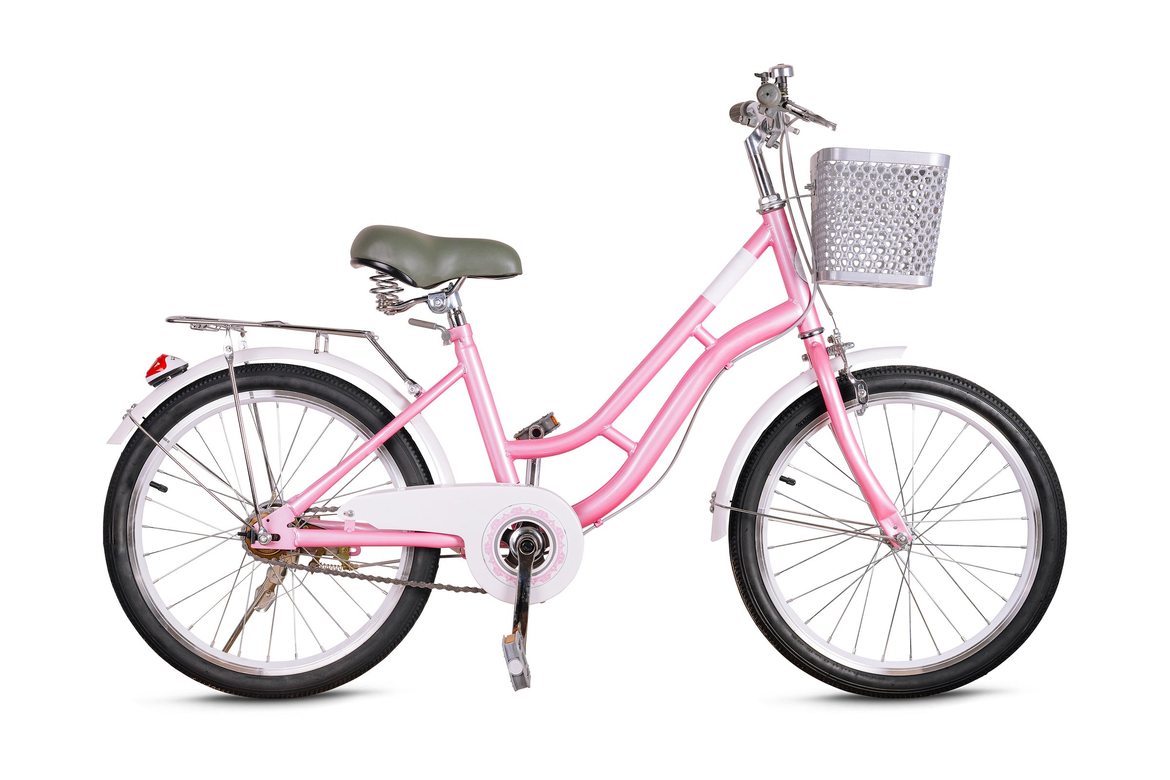 Vintage pink bike with charming basket, isolated on a white background