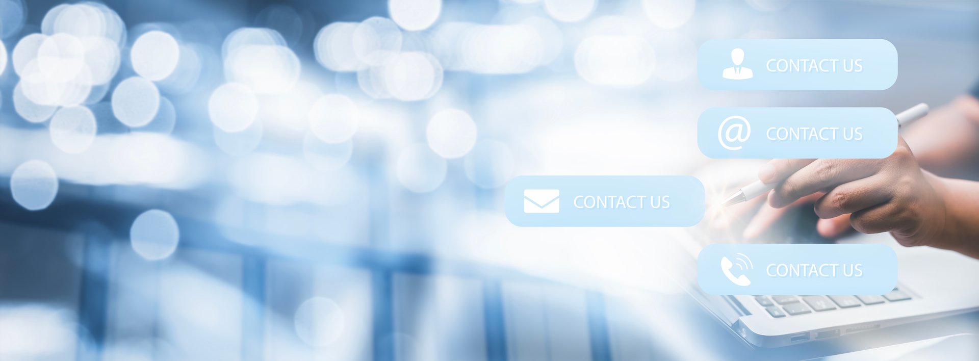 Communication and Contact us or Customer support hotline people connect. Hand using a laptop and touching on virtual screen contact icons, email and address, live chat with internet wifi.