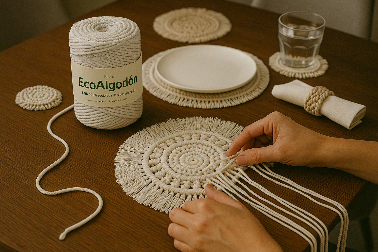 Hands weaving a round macrame piece with eco-friendly cotton thread on a table, surrounded by similar decorative items.