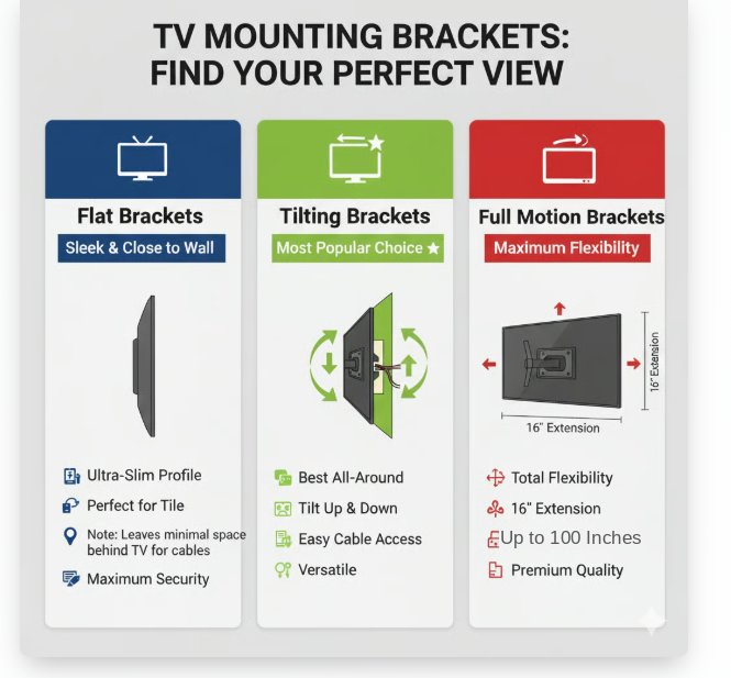 Professional TV mounting installation with various mount types