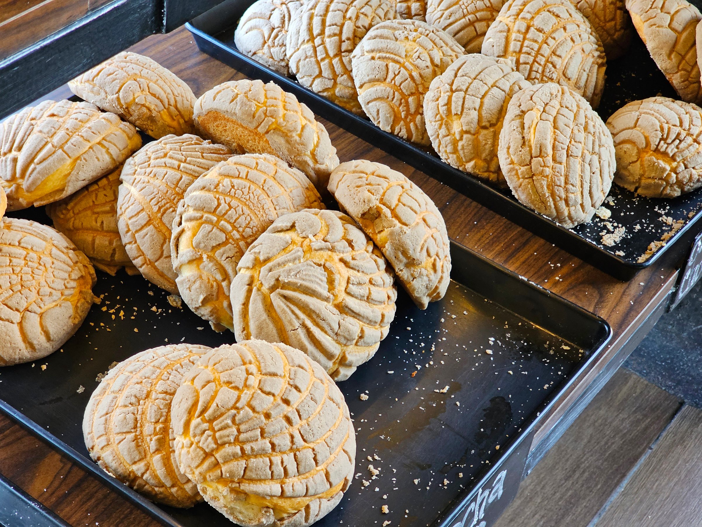 Delicious Mexican Concha sweet bread on bakery trays for sale freshly baked fresh and fluffy