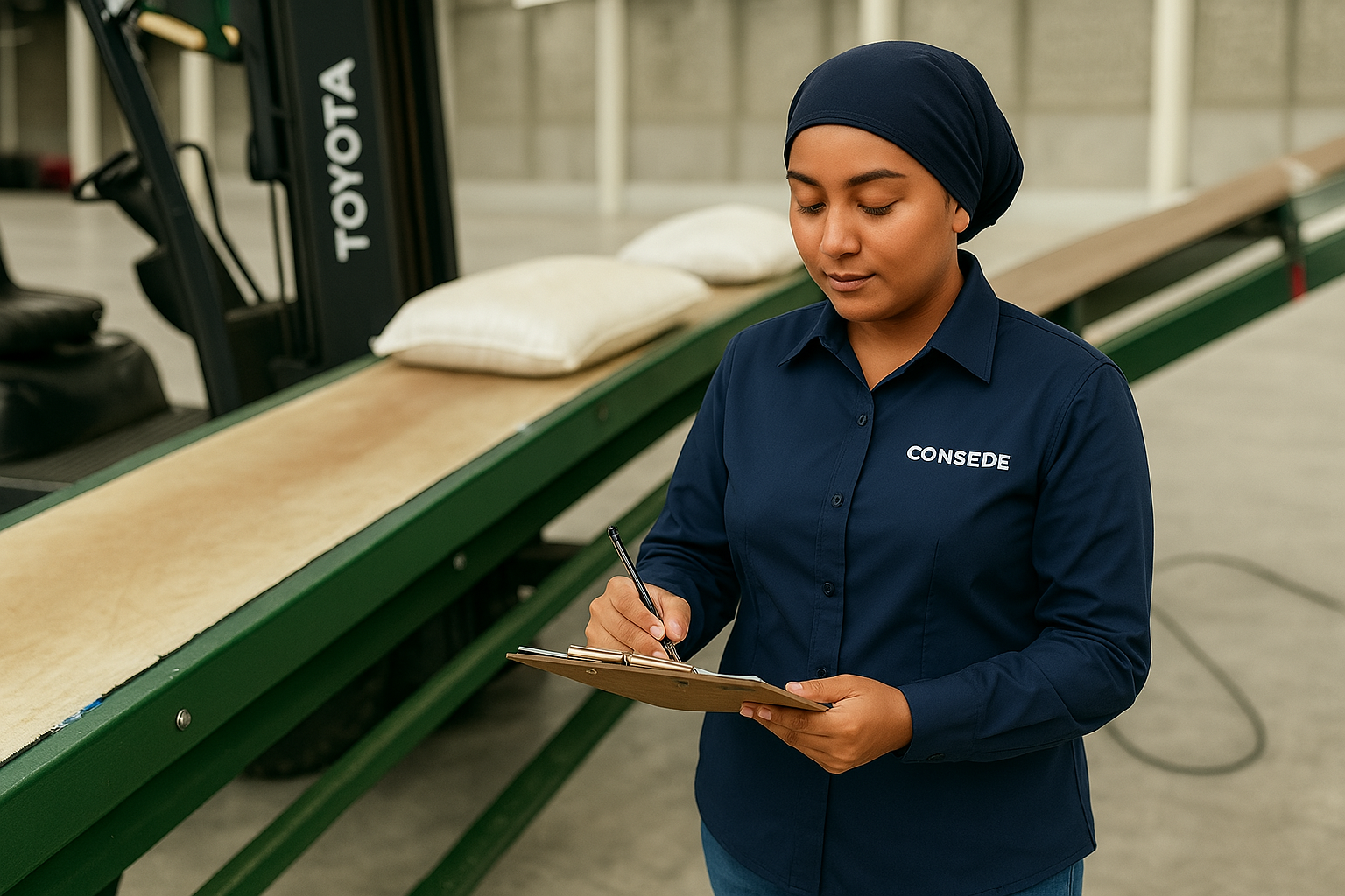 Woman in a blue shirt and headscarf writing on a clipboard in a warehouse with conveyor belt and bags in the background.