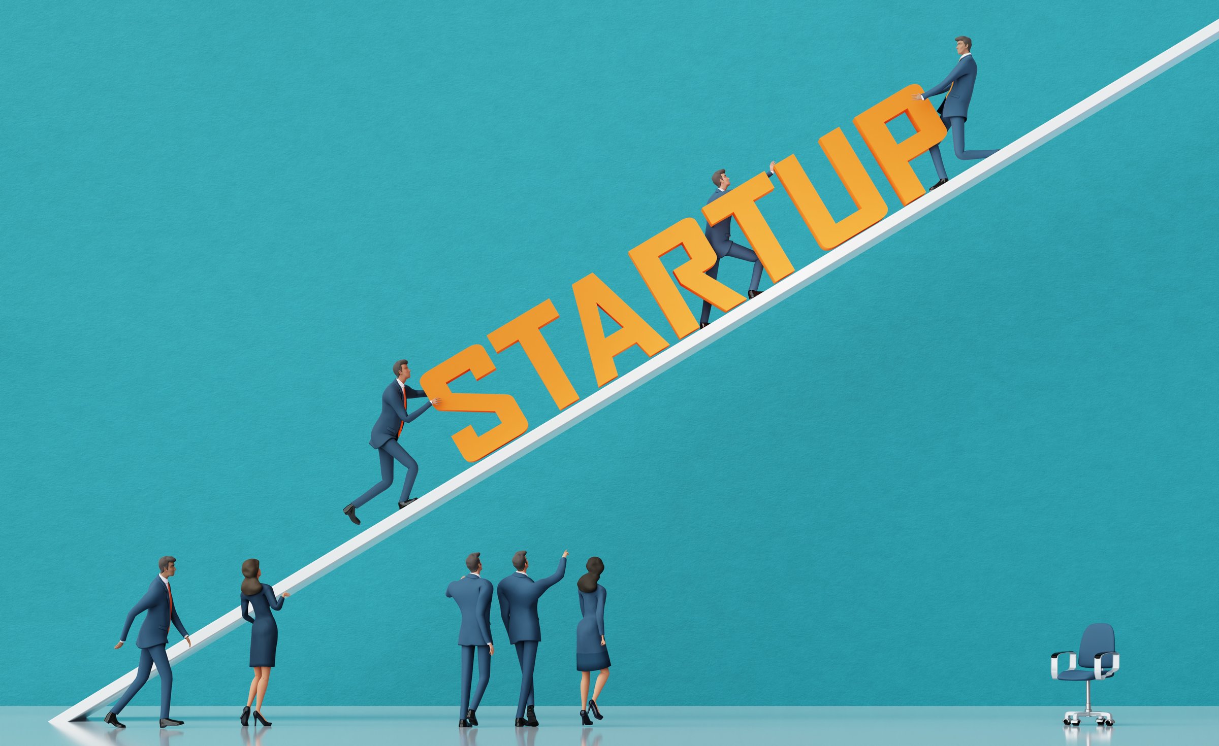 Business people pushing up STARTUP sing, working hard for success. 3D rending