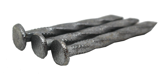 Four gray, twisted nails lying parallel on a white background.