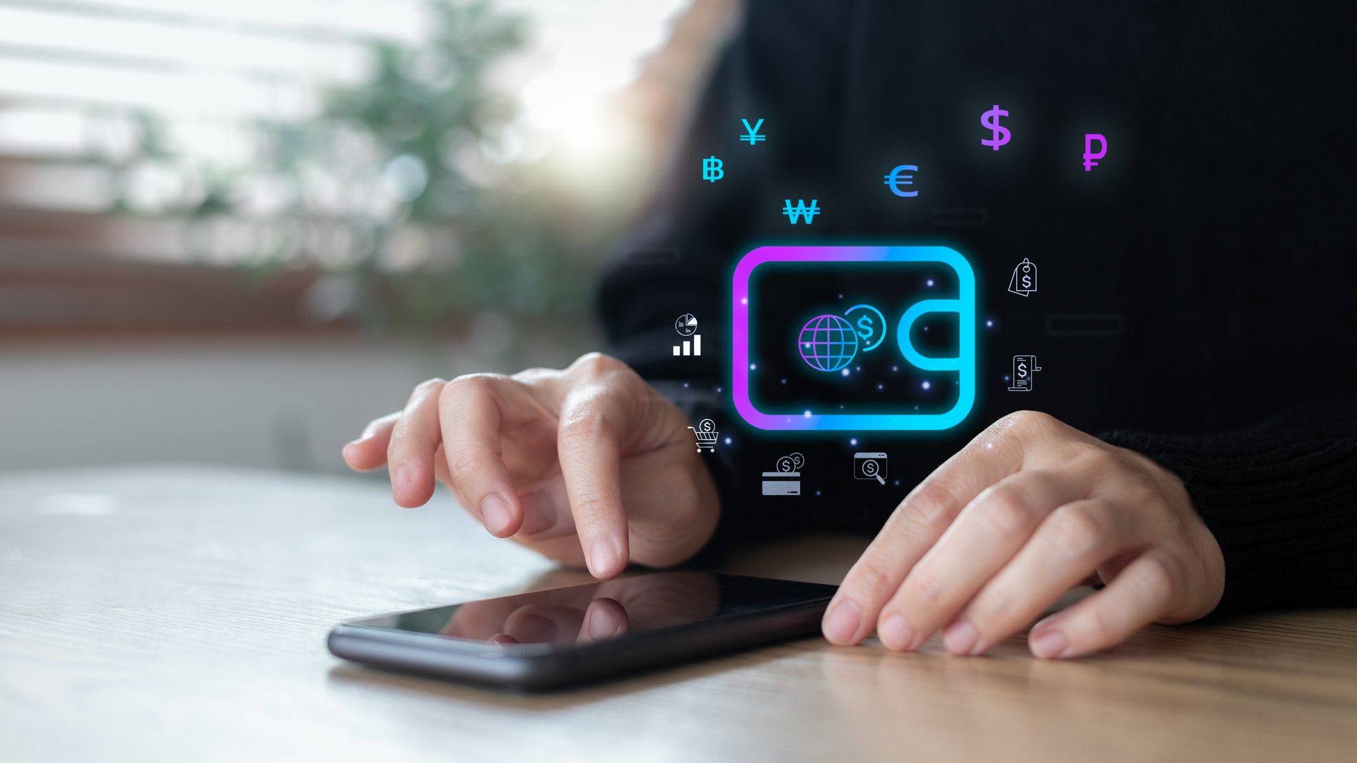 Hands using a smartphone with a digital wallet icon and global currency symbols. Concepts of mobile payment, fintech, online finance, and international money transactions.