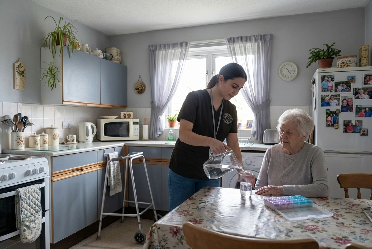 Senior woman with home health aide at table