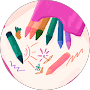 Colorful hand-drawn crayon doodles, including various scribbles and colorful lines on a circular white background.