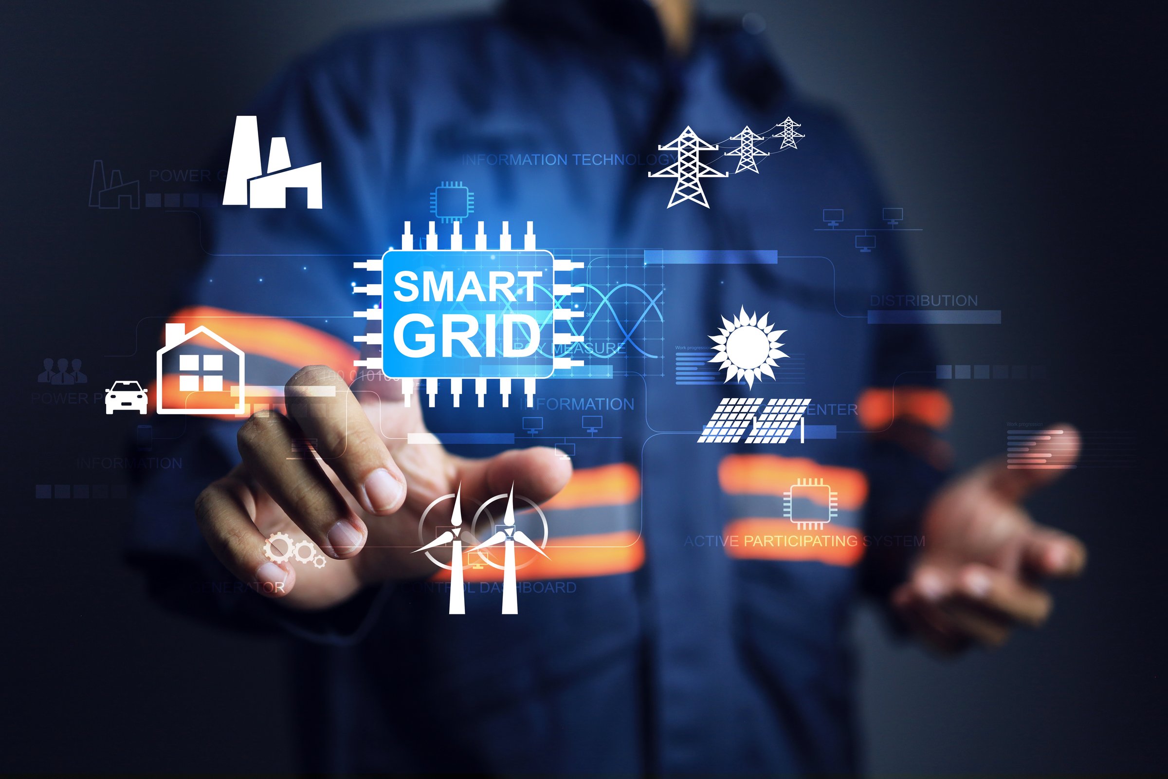 Engineer pointing on microchips to operate smart grid electric power distribution