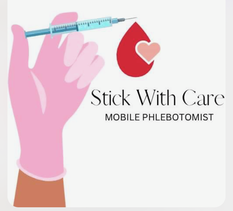 Illustration of a gloved hand holding a syringe, with a blood drop and heart icon, and text Stick With Care Mobile Phlebotomist.