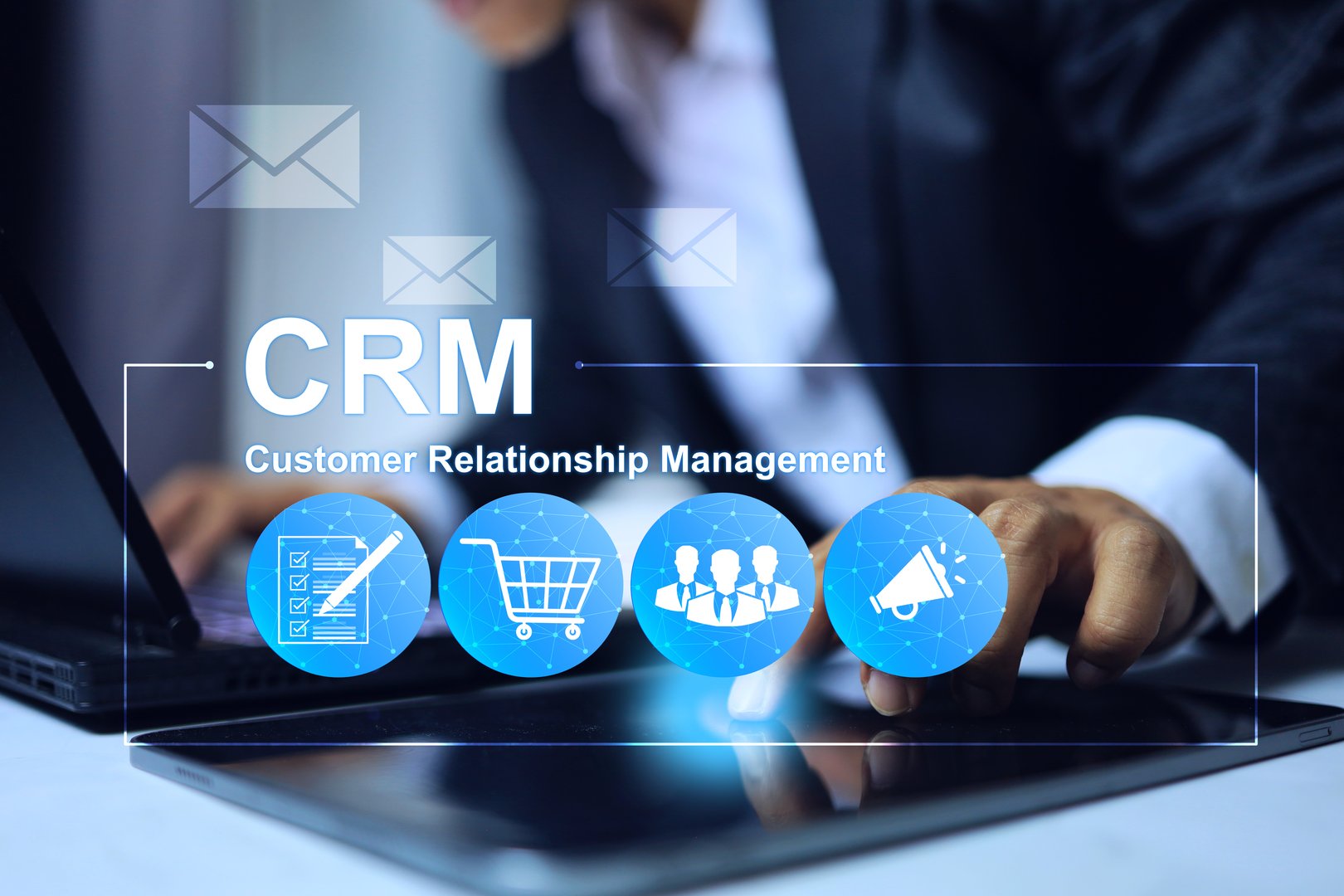 CRM customer relationship management concept with businessman working on laptop to prepare for service and contact client for information and news notification