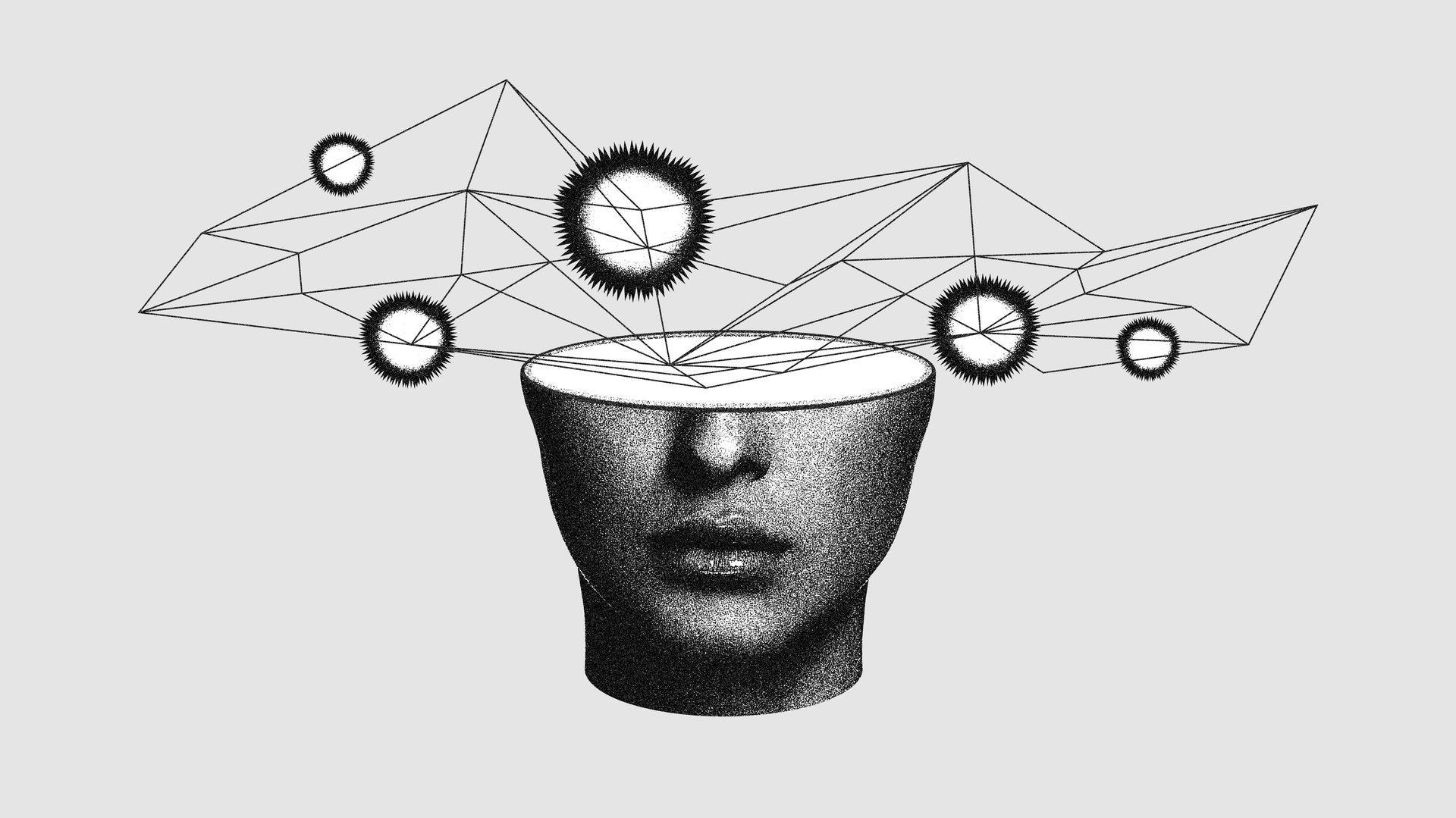 Female head with geometric shapes and lines symbolizing connectivity. Neurobiology. Philosophy, consciousness and nature of thought. Conceptual design. Concept of mental health, therapy, emotions