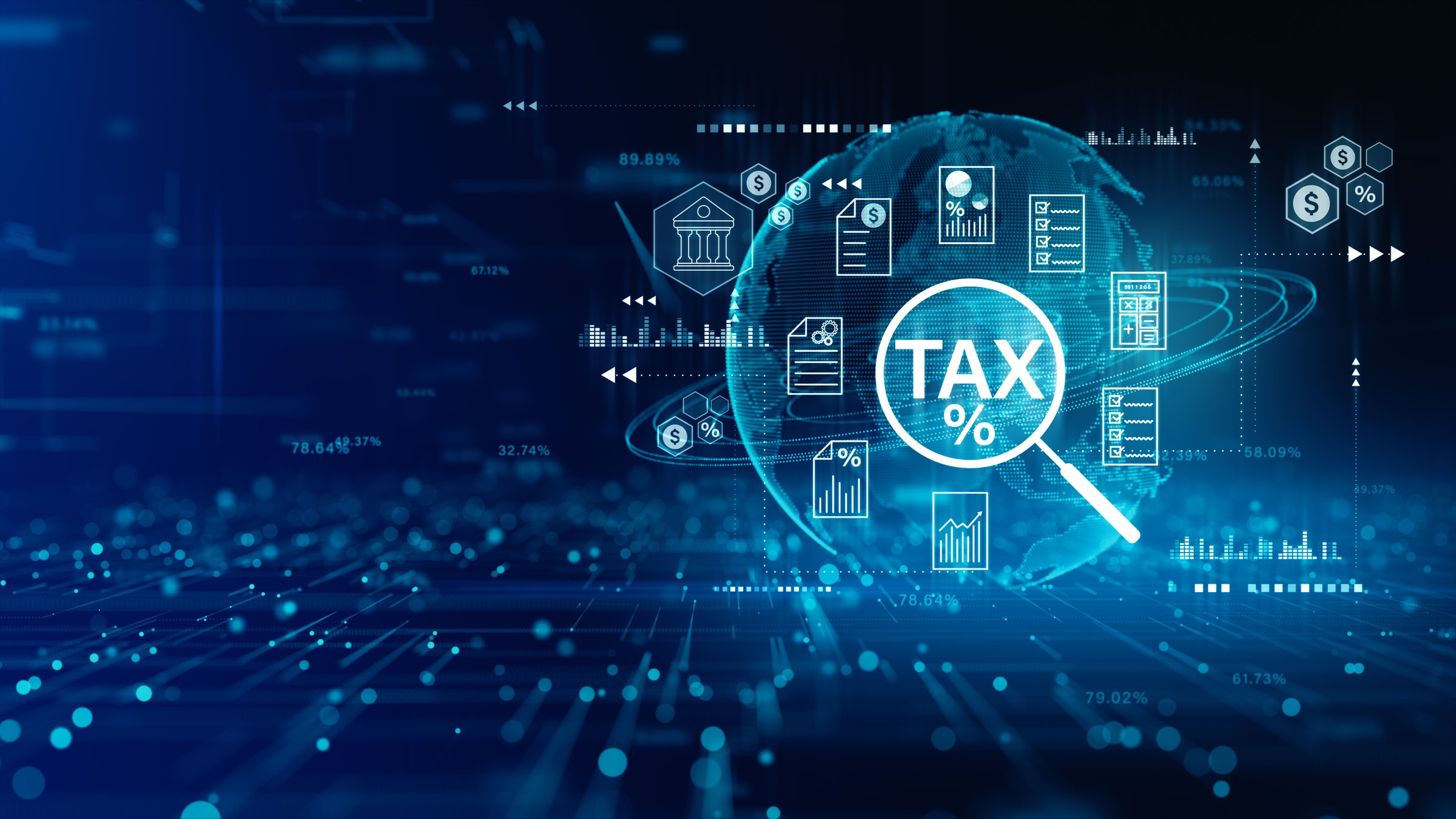 Modern digital tax analysis interface with global data network, charts, and financial documents. Ideal for fintech, accounting, and digital finance projects. 3d Rendering