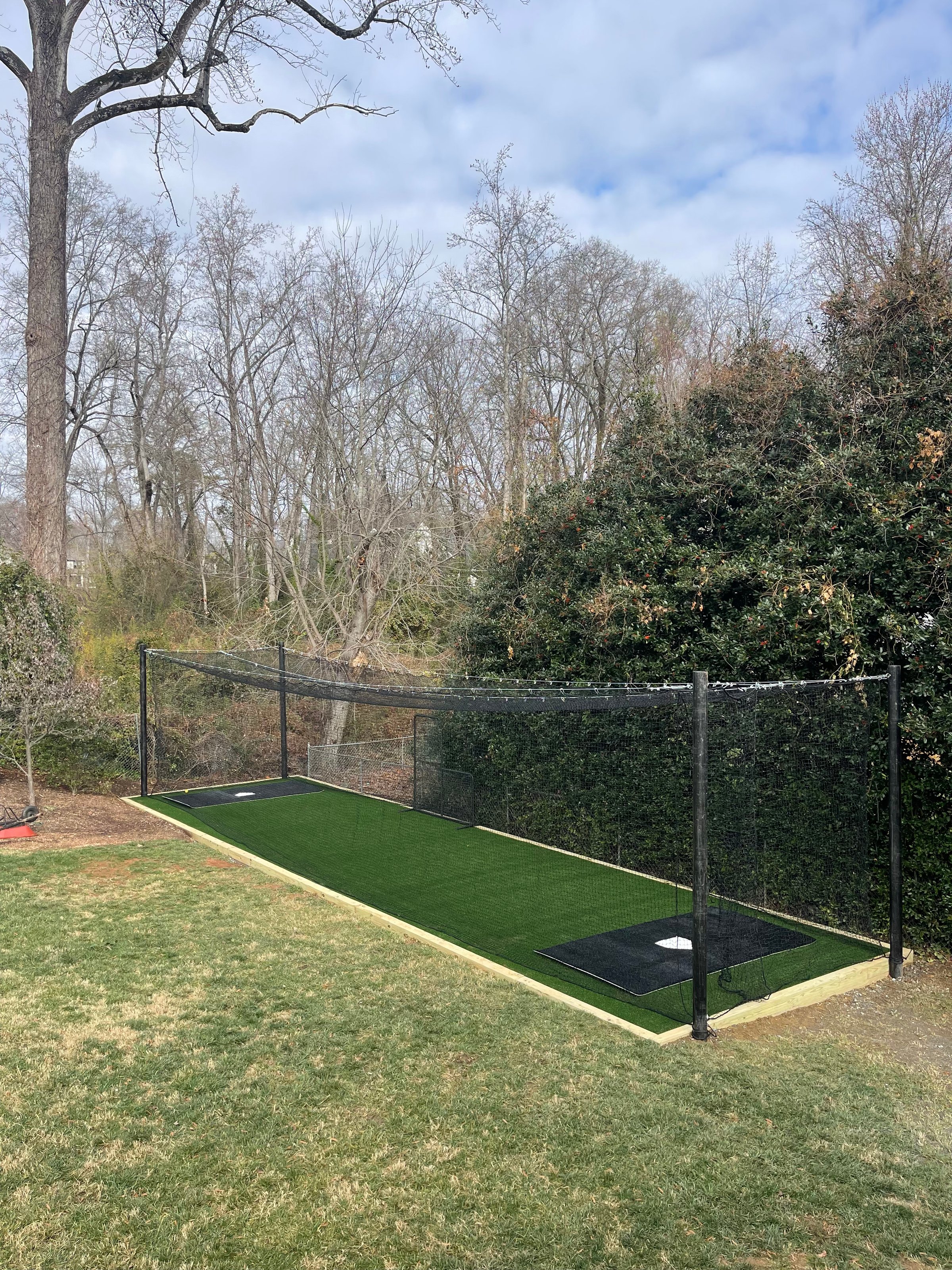 Outdoor batting cage with artificial turf