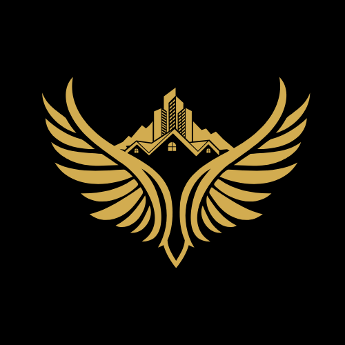 Gold stylized phoenix with wings spread, incorporating a cityscape and houses, on a black background.